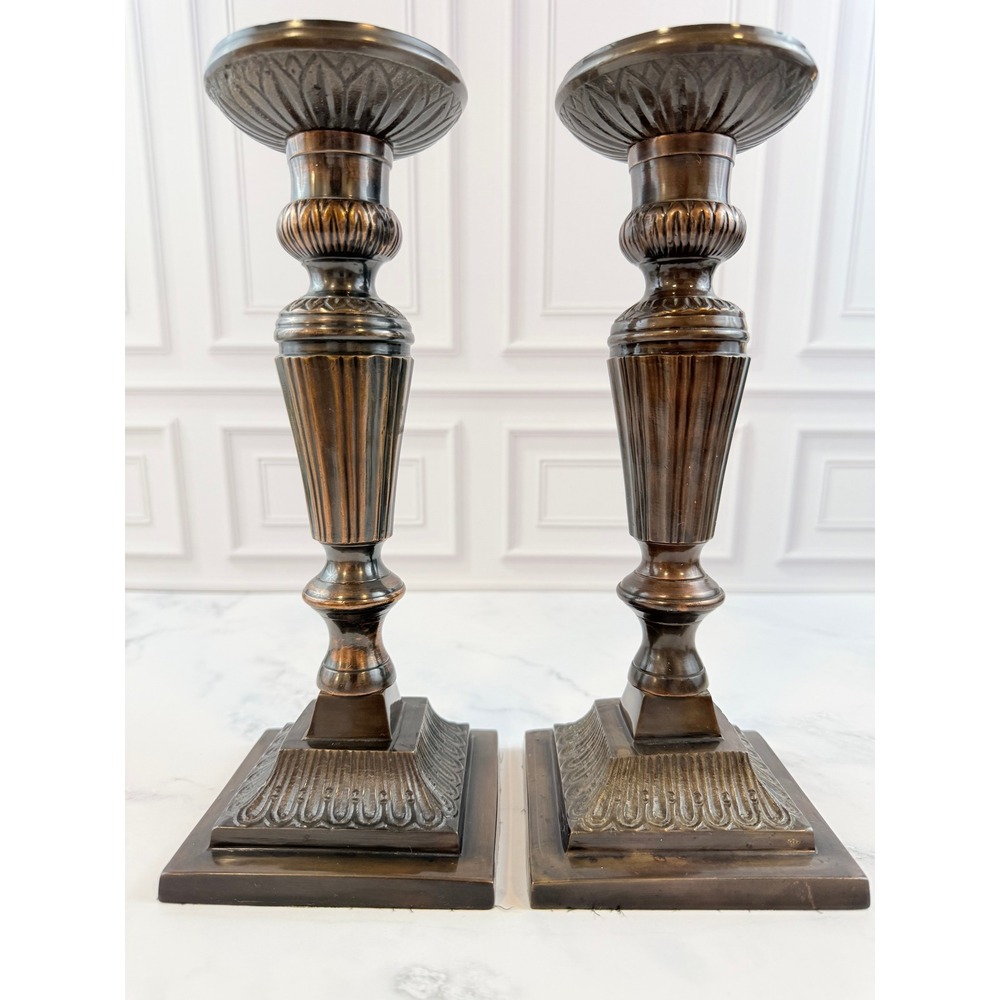 Antique PAIR of Cast Iron/Brass Metal Empire Neoclassical 10in Candle‎ Holders